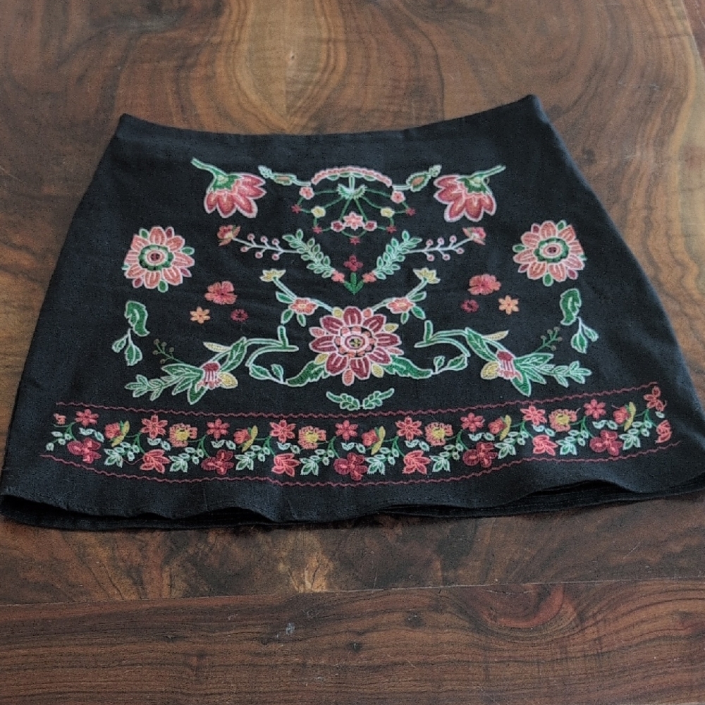 Miami Black Skirt with Pink Floral Embroidery